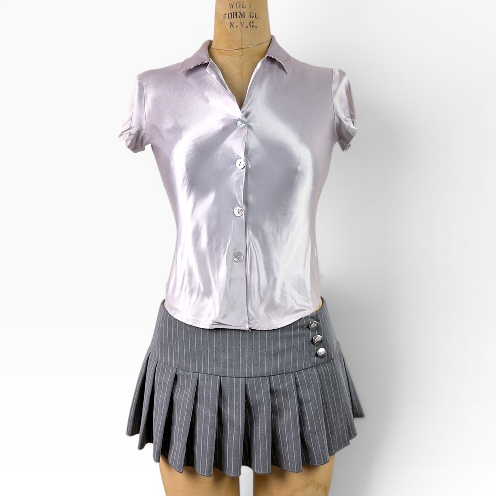Vintage Express Satin Button Up Top Short Sleeve Iridescent Retro Cyber Sz XXS